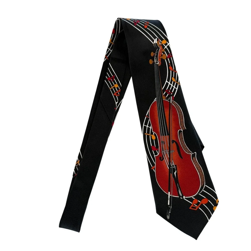 Christian Lauren Mens Silk Tie Black Cello‎ Violin Musical Notes Orchestra Theme